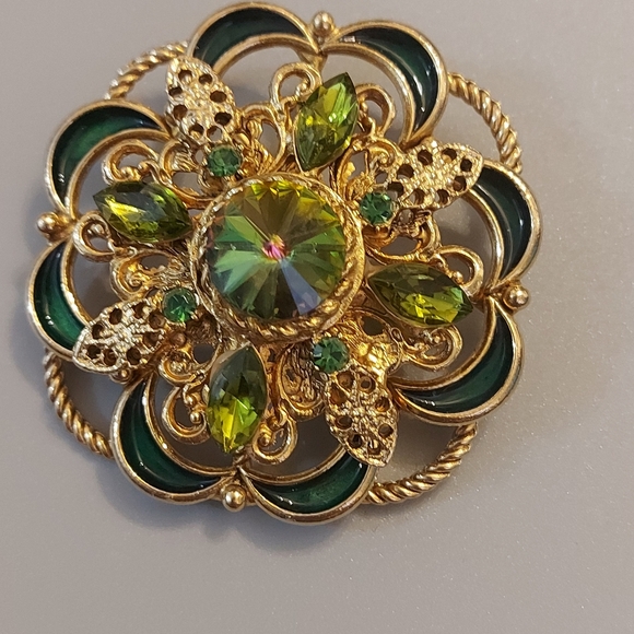 🎄Watermelon Rivioli Glass Scalloped Green Enamel Brooch,Vintage Rare - Picture 3 of 6